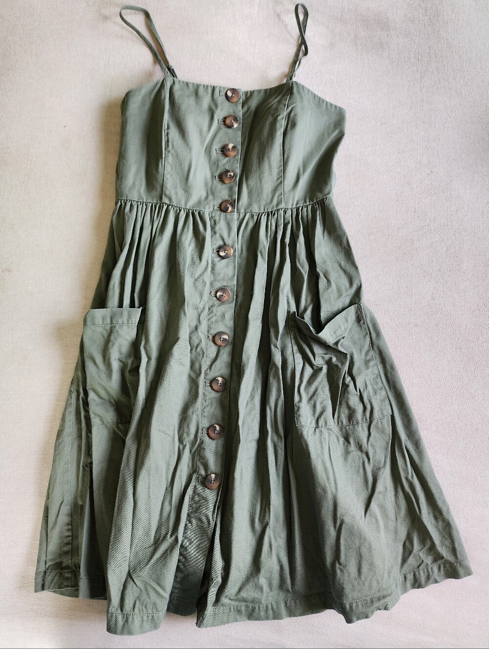 F21 100% Cotton Sleeveless Button-Front Olive Green Sundress